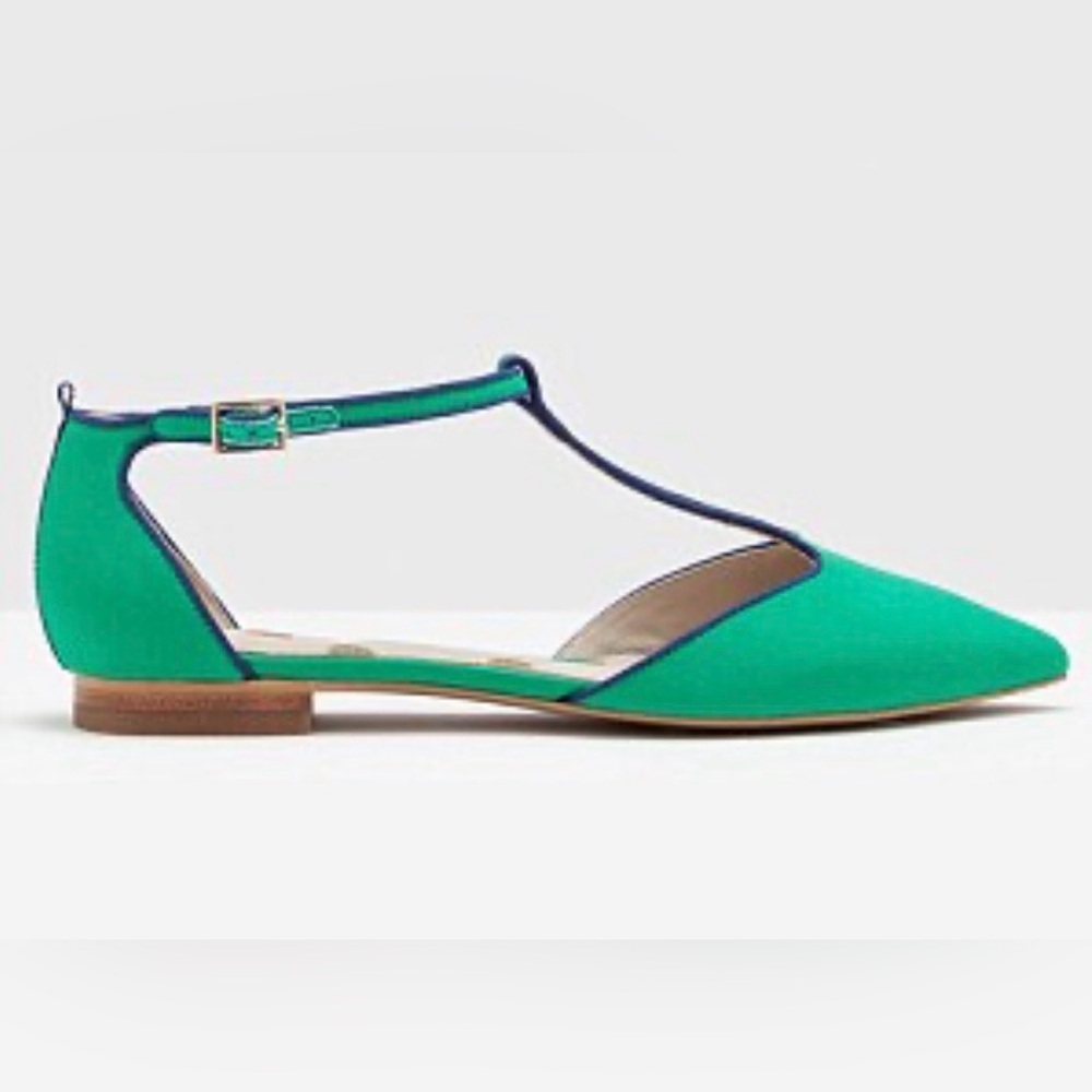 Boden Angelica Green T-Strap Pointed Toe Flats with Navy Trim 39/9 preppy